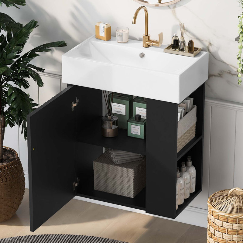 21.6 inch Modern Floating Bathroom Vanity with Ceramic Basin, Left side storage, Green, Black