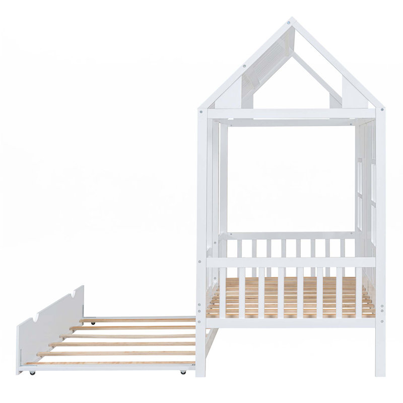 Lit Wood House avec lit gigogne simple, Lit simple