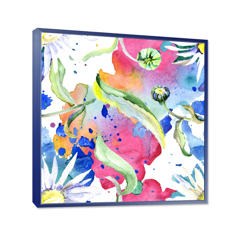 Iridiscent Daisy Flowers - peinture sur toile, Toile encadrée bleu, H 36 po x l 36 po x P 1 po