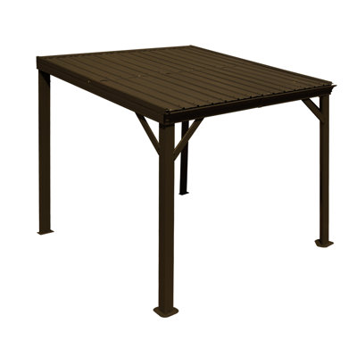 Pergola mural de 8 pi x 8 pi, abri de jardin mural avec système de drainage intégré, toit en acier galvanisé, abri de patio à toit rigide pour terrasse, porche, cour et plus, brun