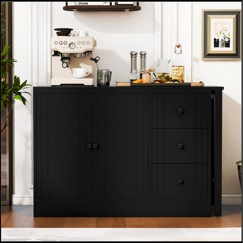 89.7'' Wooden Sideboard With Extendable Table, Multifunctional Storage Cabinet For Various Home Spaces, Black