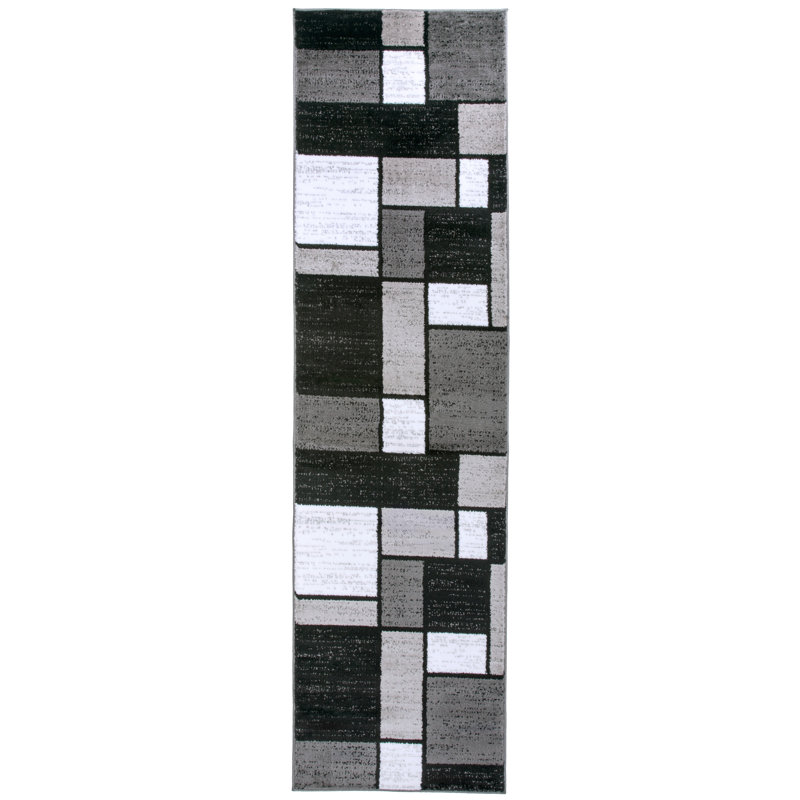 Tapis gris / blanc / noir à motif géométrique Astika, Tapis de couloir 2 pi x 7 pi 2 po