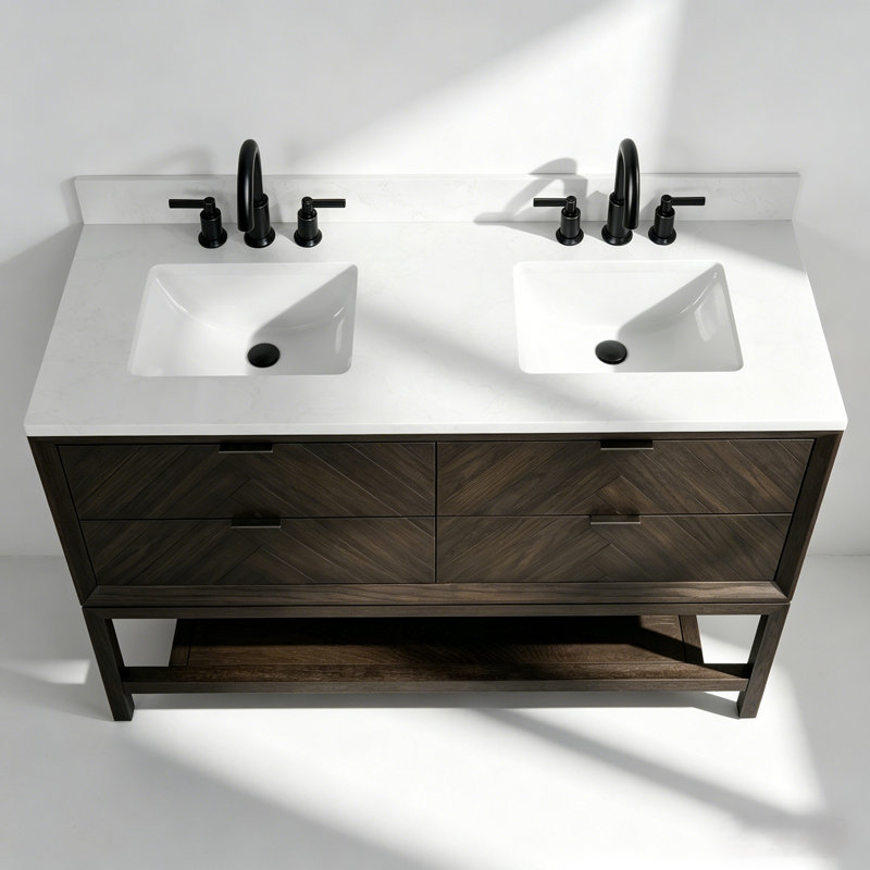 60" Freestanding Double Sink Solid Wood Dark Brown Oak Bathroom Vanity with Engineered Marble Top, Dark Brown Oak