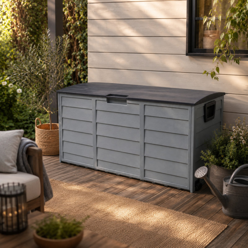 Coffre de terrasse extérieur en plastique gris 75 gallons toutes saisons avec roulettes pour le jardin