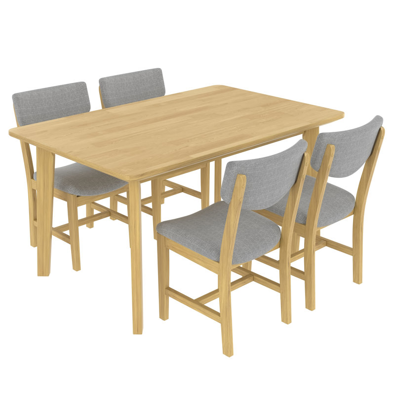 Ensemble de table de salle à manger 5 pièces Dorain avec chaises rembourrées et pieds en bois d'hévéa, Naturel