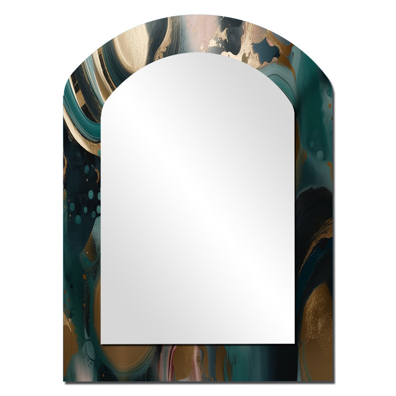Or et vert marbré Euphoria I - miroir unique arche de marbre, grand miroir mural asymétrique doré, impression d'art en métal