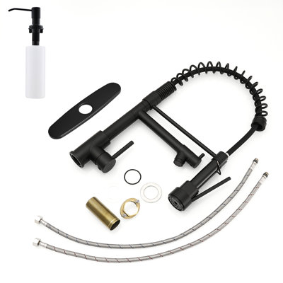 Kitchen Faucet With Pull Down And Soap Dispenser, 304 Stainless Steel, Black, Single Handle, Hole, Commercial Style Deck Plate Steel ,