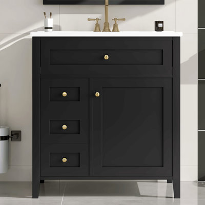 Meuble-lavabo de 30 pouces avec lavabo, armoire en bois d'hévéa moderne avec 3 tiroirs et tablette réglable, meuble-lavabo autoportant pour le rangement et l'organisation de la salle de bain