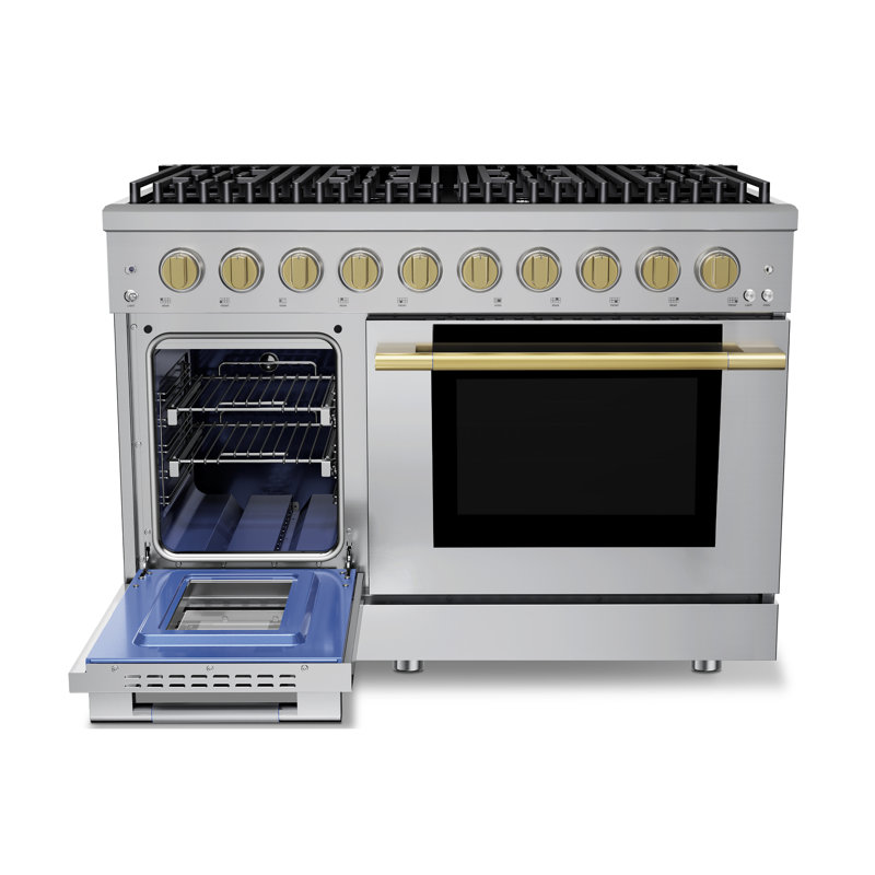 Hauslane 48" Dual Fuel Range In Stainless Steel | 8 Burners Up To 20,000 Btus | 6.7 Cu. Ft. Double Convection Oven With 5 Rack Positions | Convertible Ng/Lp | Cool-Touch Triple-Layer Door Satin Brass