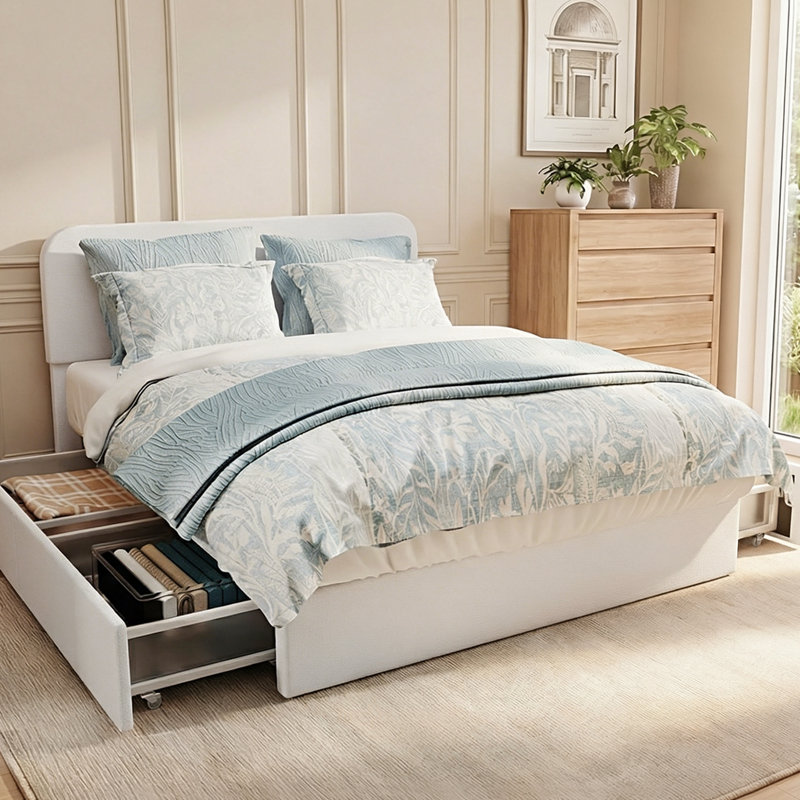 Thickened Wide Stable Support Bed Frame with Slatted Design and Storage Drawers, Queen, Beige