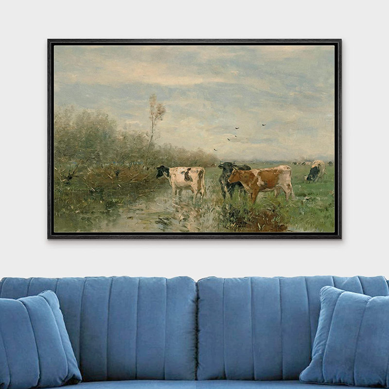«Cow in the River Landscape Farmhouse Country Decor», impression sur toile encadrée, H 24 po x l 36 po, Noir