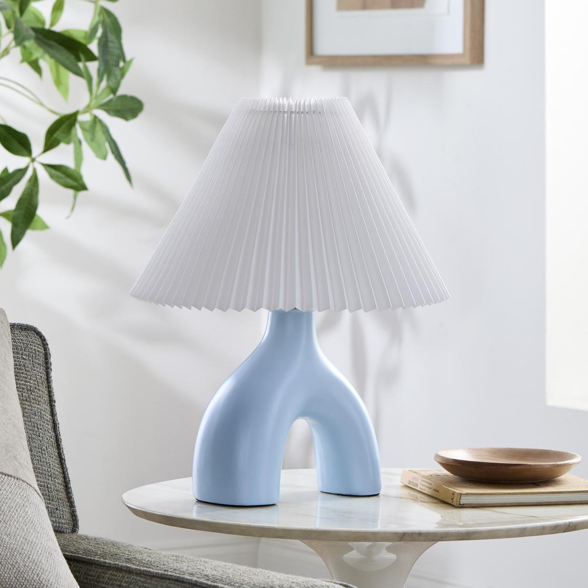 Celes Ceramic Table Lamp, White, Baby Blue
