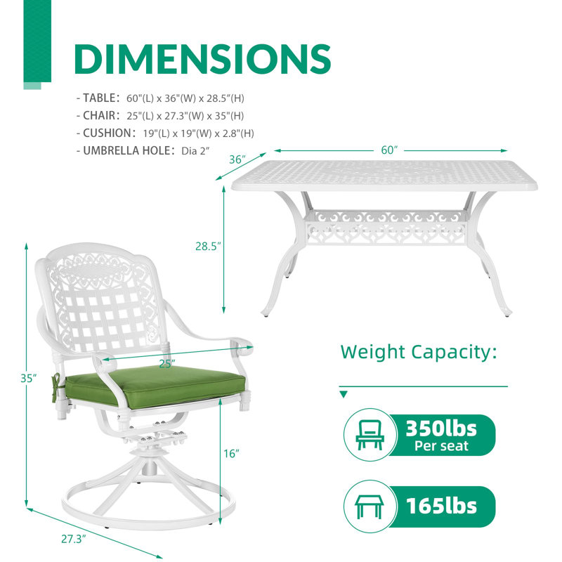 Wildon Home 7-piece Outdoor Furniture Dining Set, All-weather Cast Aluminum Patio Conversation Set, Include 6 Swivel Dining Chairs And A Rectangle Table With Umbrella Hole, khaki/green Cushion