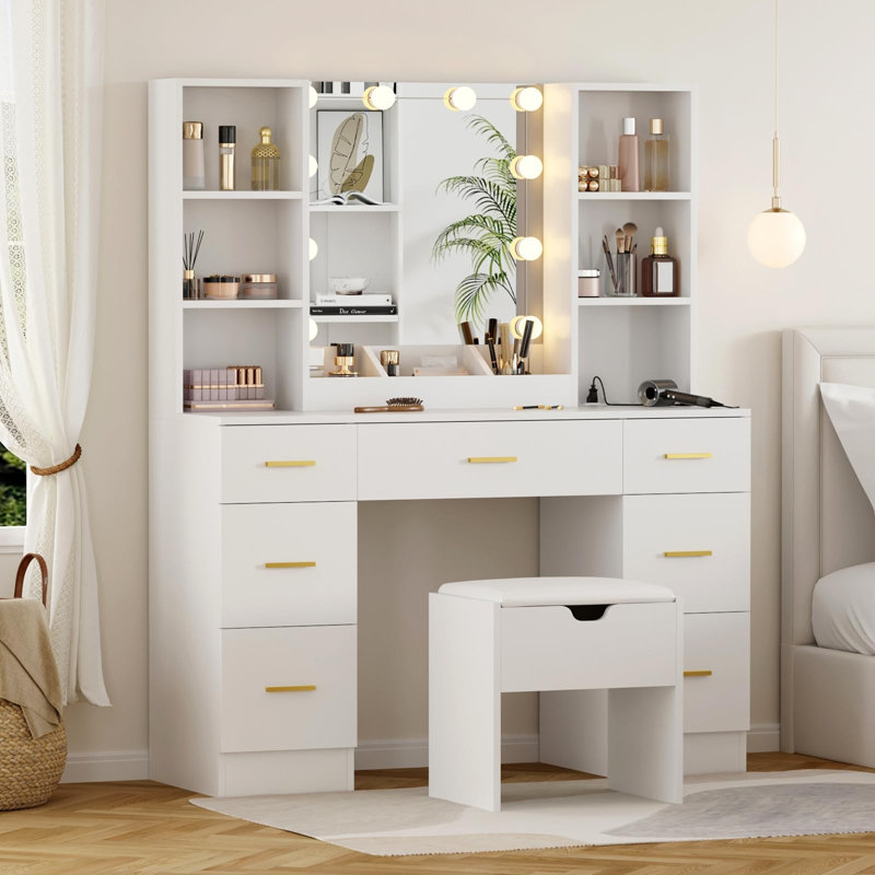 Bureau de maquillage avec miroir lumineux, grand ensemble de coiffeuse brun, 3 modes de couleur, prise de courant et ports USB, 7 tiroirs, coiffeuse avec banc de rangement, meuble-lavabo rustique pour chambre à coucher