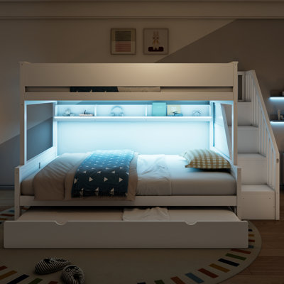 Full XL over Queen Bunk Bed with Staircase, Storage Shelves, Trundle and LED Lighting, White