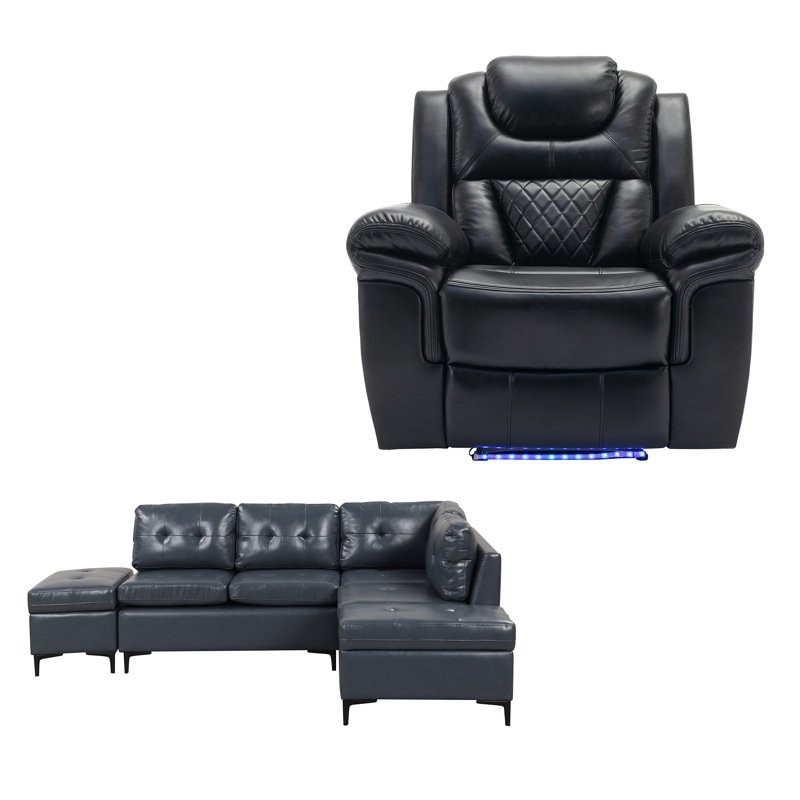 Ensemble de canapés inclinables modernes en cuir en forme de L avec repose-pieds, bleu + noir