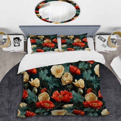 Deep Red And Beige Floral Blooms - Ensemble de housse de couette à motif floral