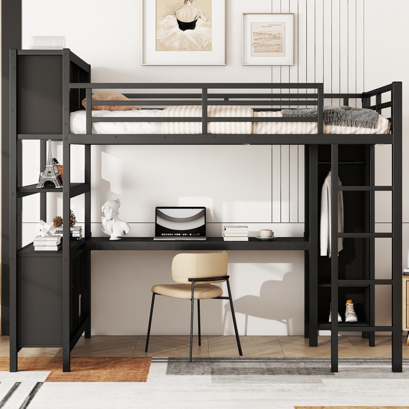 Metal Loft Bed with L-Desk, Wardrobe, Storage Cubes & Shelves – Heavy-Duty Loft Bed for Teens and Adults, Full, Black