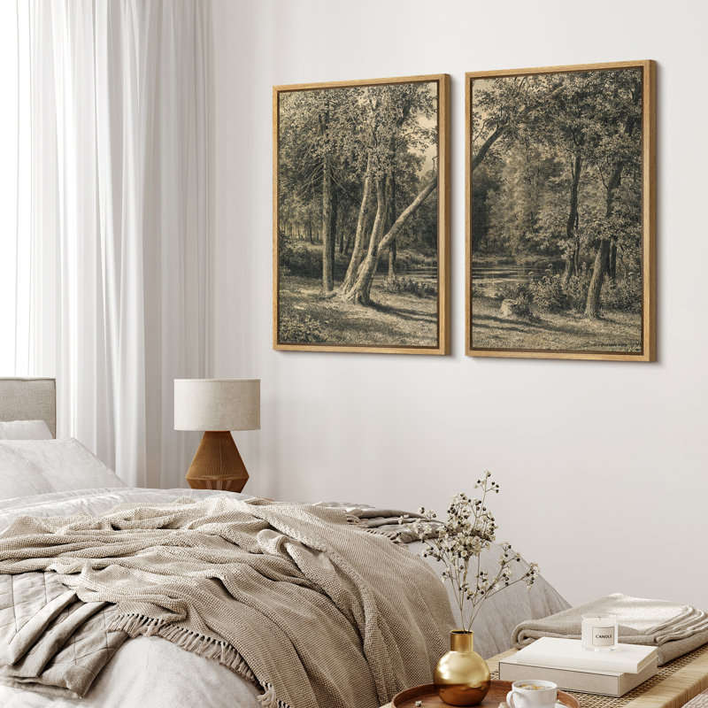 «Rustic Countryside Forest Trees Landscape», reproduction sur toile encadrée 2 pièces, H 36 po x l 48 po x P 1,5 po, Naturel