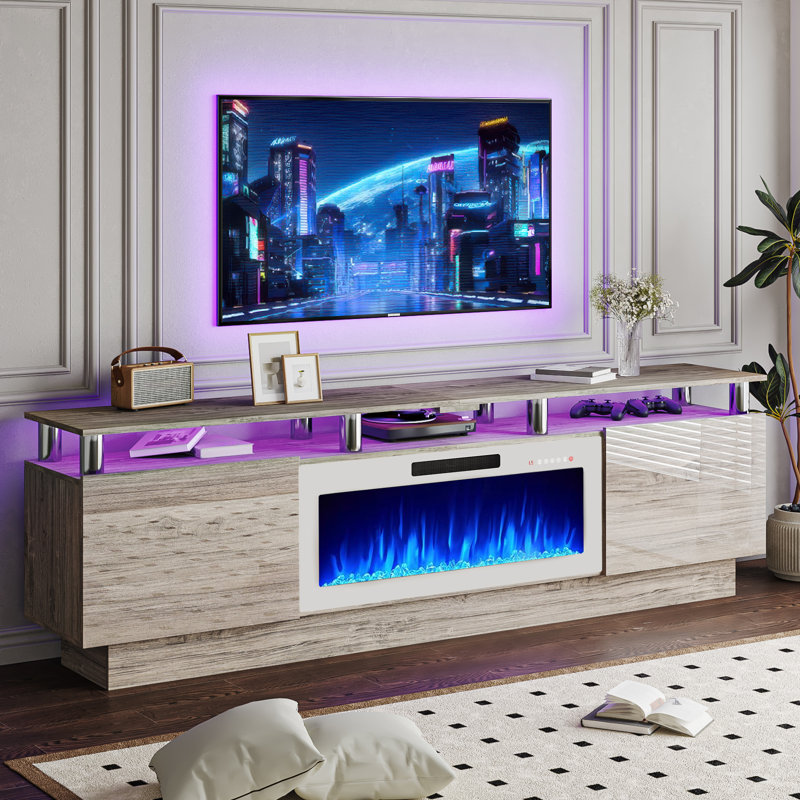 Meuble télé avec foyer électrique Alazik, Gris/argent, Blanc, 24”H x 14”L x 80”W