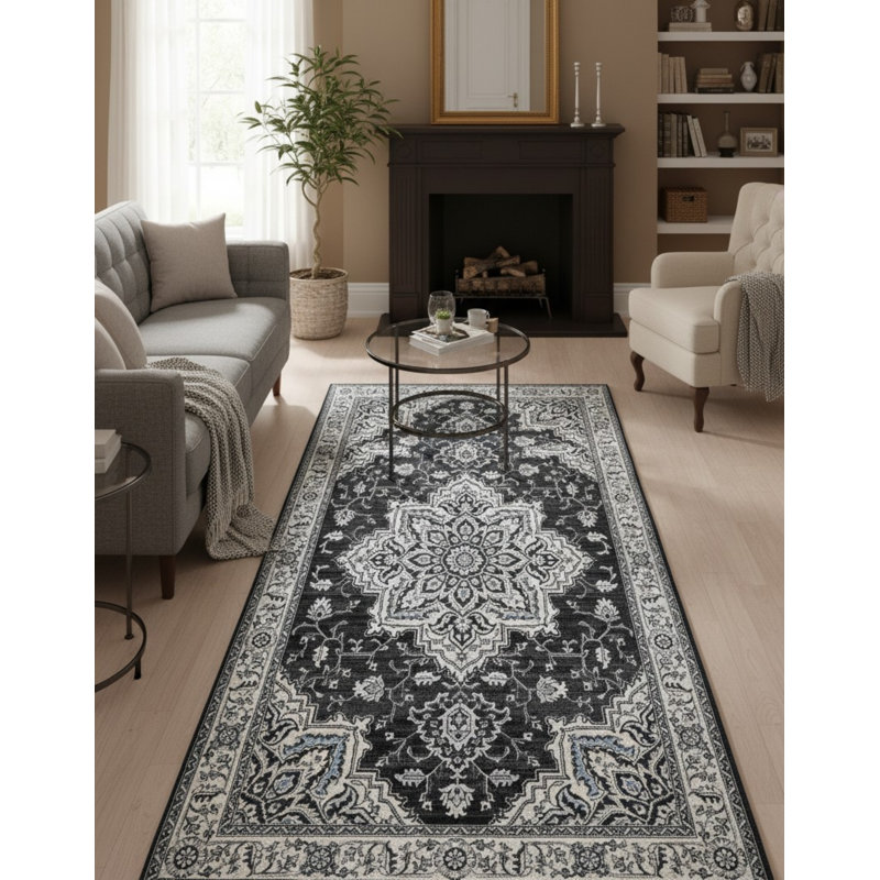 Tapis à motif floral gris anthracite Ames, Tapis de couloir 2 pi 7 po x 7 pi 10 po