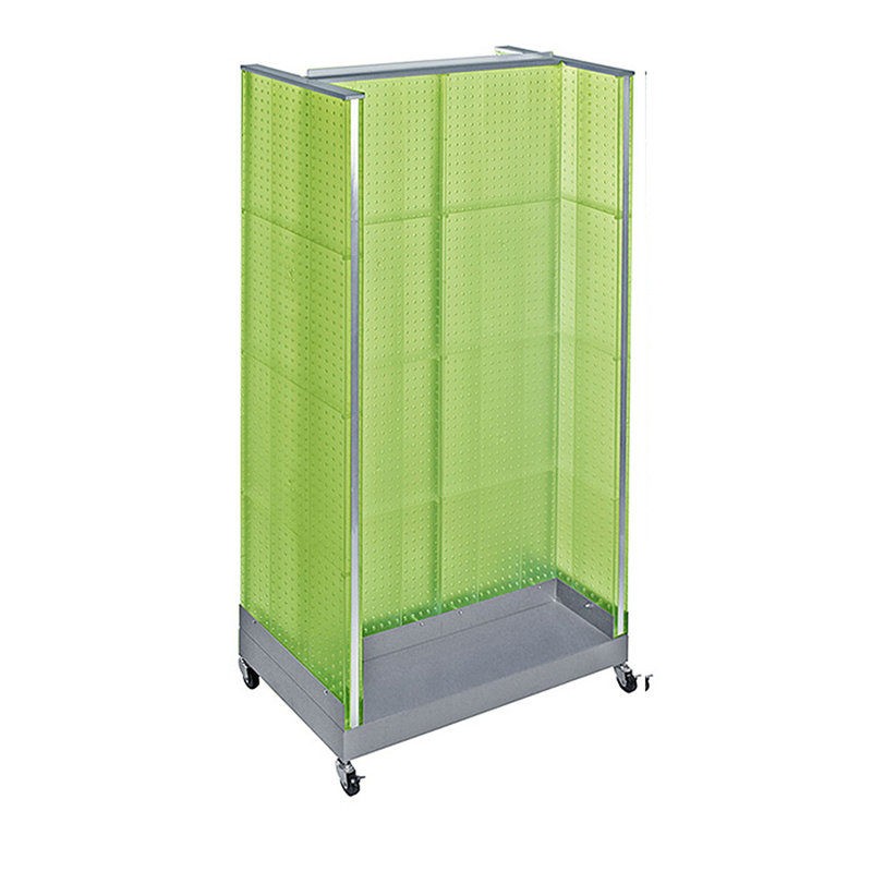 Présentoir de plancher en carton H-Unit sur base à roulettes. Taille du panneau central: l 32 po x H 60 po, taille du panneau latéral: l 16 po x H 60 po