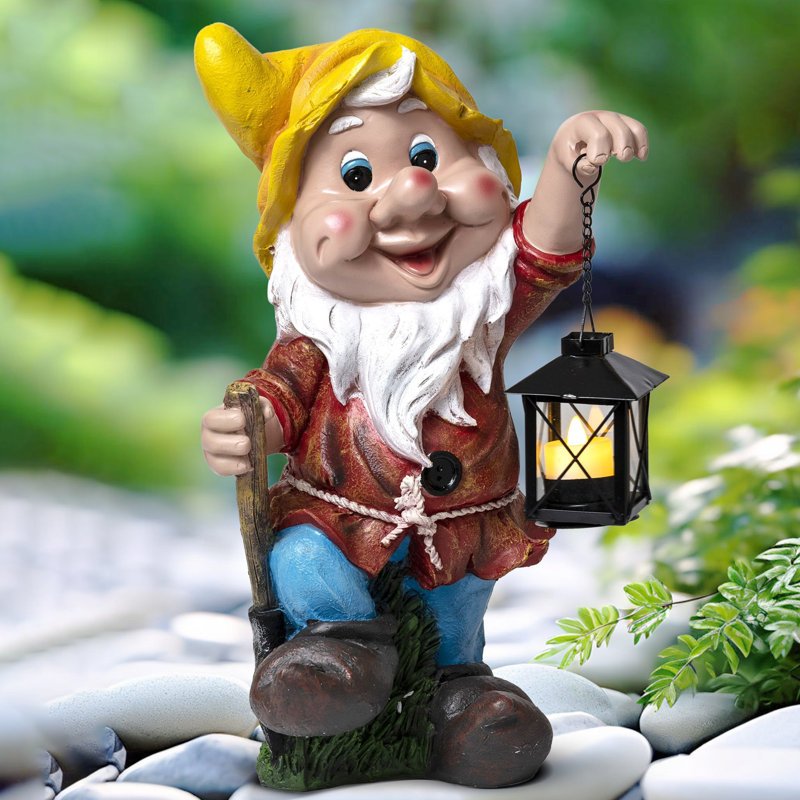 Statue de gnome d'extérieur, lanterne en métal, grand art de jardin de 16 po