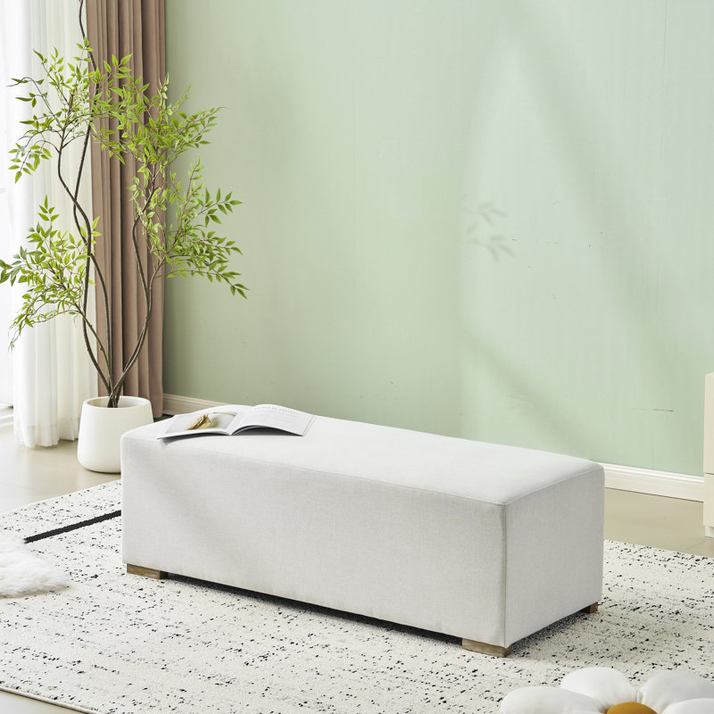 Simple long tabouret rectangulaire blanc, salon, chambre à coucher, entrée, matériau de peau, base silencieuse, palette de couleurs à faible saturation, dimensions ergonomiques, trépied en bois massif stable