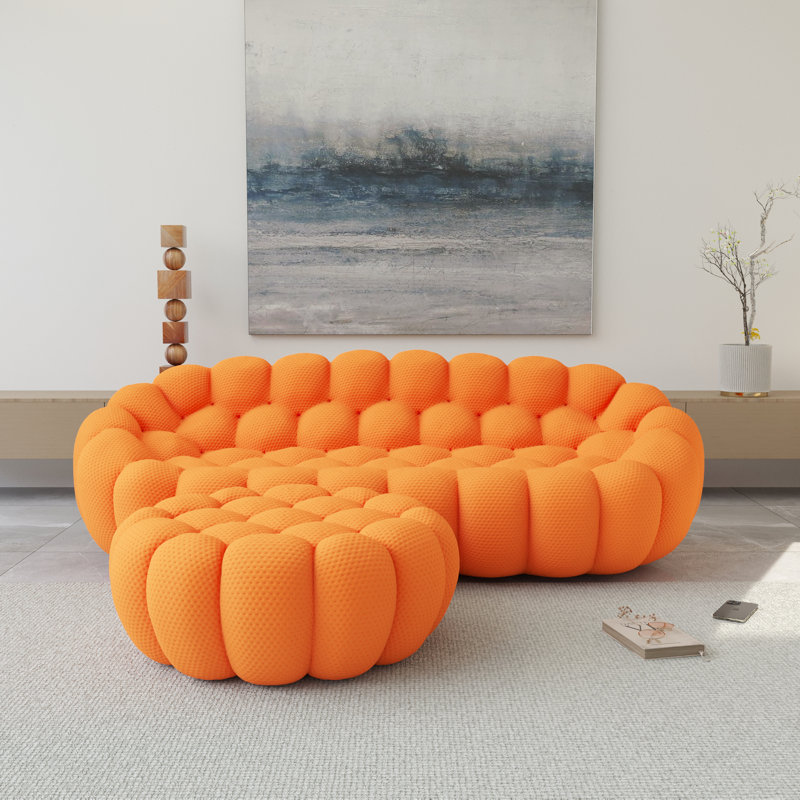 Kayi 98.43" Upholstered Boneless 3-seat Pumpkin-shaped Sofa With Ottoman, No Assembly Required, Orange