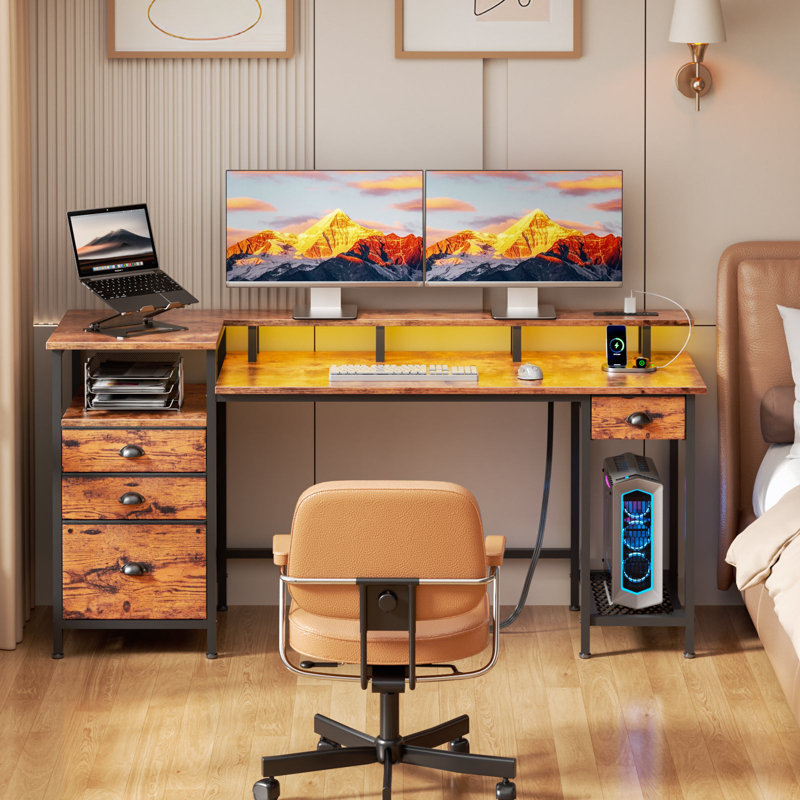 Reversible Gaming Computer Desk with Charging Station, LED Lights, File Cabinet, Monitor Stand, 4 Drawers & Shelves, Home Office