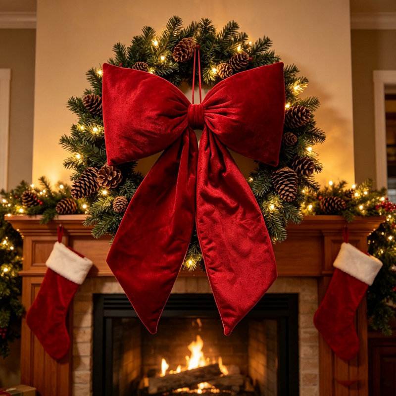 Décoration de Noël : Nœud de Noël extra large en flanelle, 40 x 65 cm, ruban rouge, pour sapin, couronnes et emballages cadeaux.