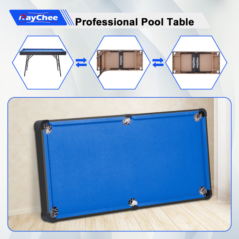 Pool Billiard Game Table W/2 Cue Sticks, 16 Balls, Triangle, Chalk Foldable Pool Table For Kids Family, Blue
