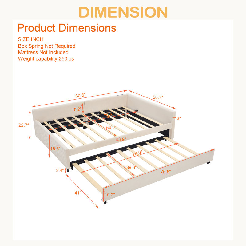 Upholstered Daybed With Trundle,Sturdy Wooden Bed Frame, Modern Diamond Grid Design,For Bedroom, Guest Room, Beige