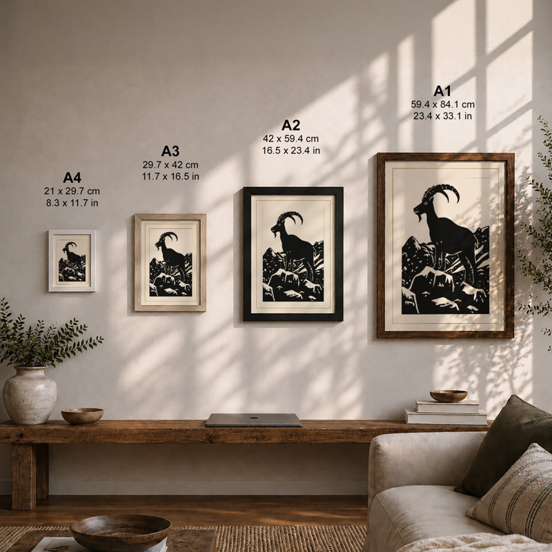 Mountain Goat Rustic - Framed Print, A2 - 59.4 x 42.0 cm, Oak