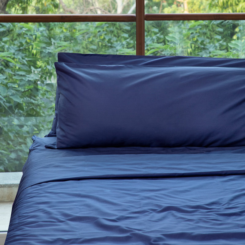 Ensemble de draps en percale 100% coton 300 fils Percale, Bleu foncé, Ensemble de draps pour lit simple TG + un drap-hou
