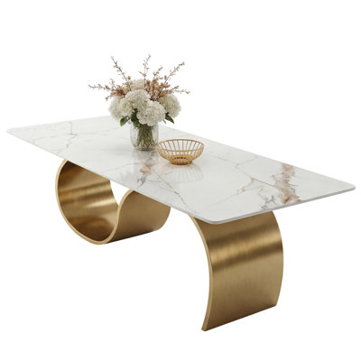 Modern 78.74" Sintered Stone Dining Table for 6-8, Large Rectangle Dining Table, Luxury White & Gold Kitchen Table with Stone Slate Katakin Tabletop & S-Shaped Stainless Steel Base (Only Table)