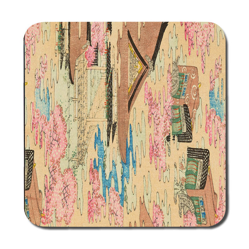 Pastel City Scene Placemats and Coaster Set With Blossom Accents