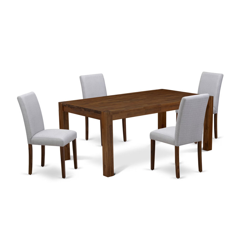 5 Piece Dinette Set for 4 Includes a Rectangle Rustic Wood Dining Table and 4 Grey Linen Fabric Parson Dining Room Chairs, Walnut