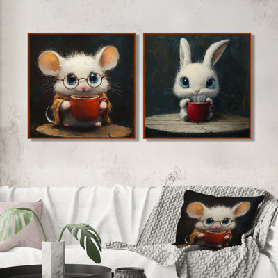 Drôle de lapin ayant un thé I - souris, art mural - décoration murale moderne 2 pièces