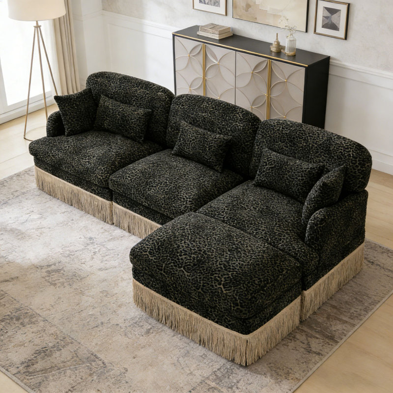Comfy Chenille Leopard Printing Sofa,Delicate Tassel Edge,Movable Ottomans,Modern Fashion Style, Green+3seat+1Ottomans