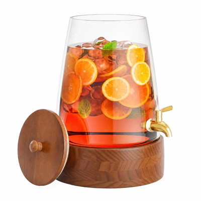 Glass Drink Dispenser with Spigot, Beverage Dispenser with Stand, Wood Base & Lid, Perfect for Parties & Weddings, (Brown)