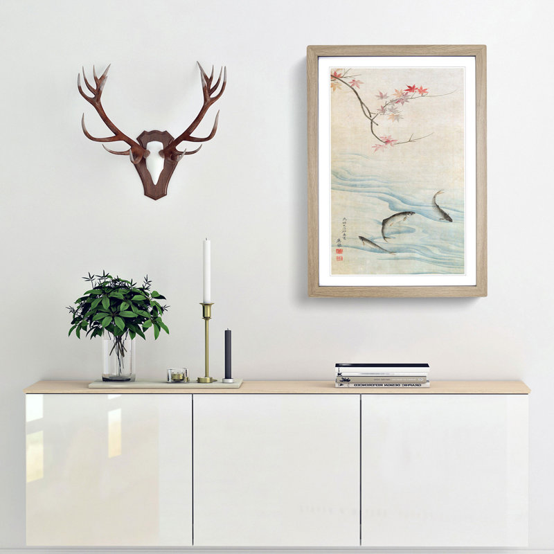 Fish in the Autumn by Maruyama Okyo - Picture Frame Art Print, 36cm H x 27cm W x 2cm D, Oak Framed