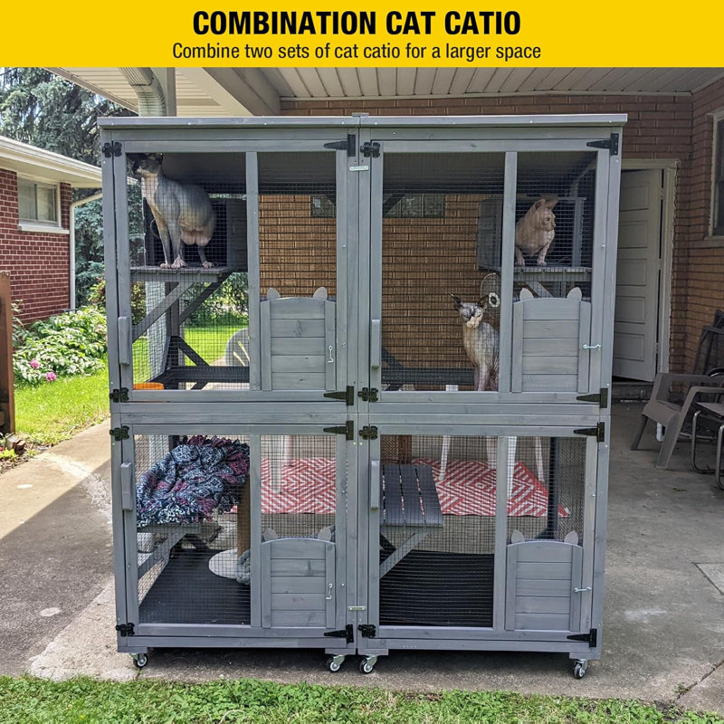 Enceinte pour chat sur roulettes 70,9 "avec boîte de repos améliorée, toit imperméable, Gris
