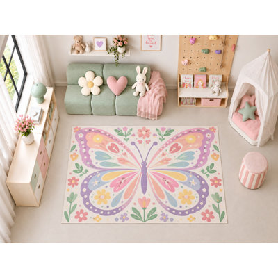 Tapis d'intérieur ultra mince de 152 x 213 cm à motif de papillons et de fleurs, idéal pour la chambre d'enfant, la crèche, la salle de classe et la salle de jeux. Doux et à poils courts, avec revêtement antidérapant en silicone.
