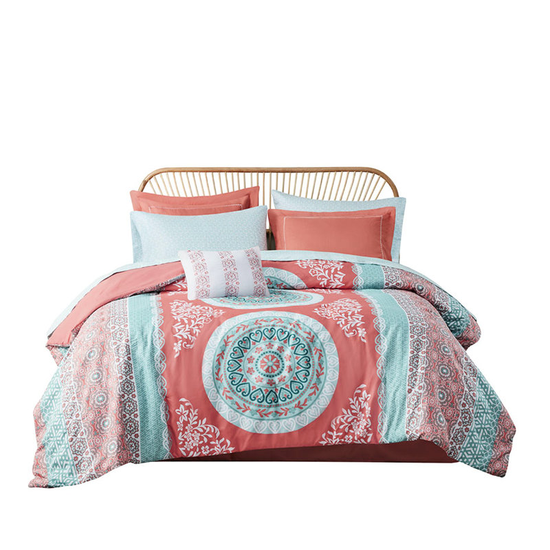 Twin Bedding - Coral Medallion Print Comforter With Sheets, Embroidered Shams, Filling, Machine Washable And , Elegant Bedroom Vibe