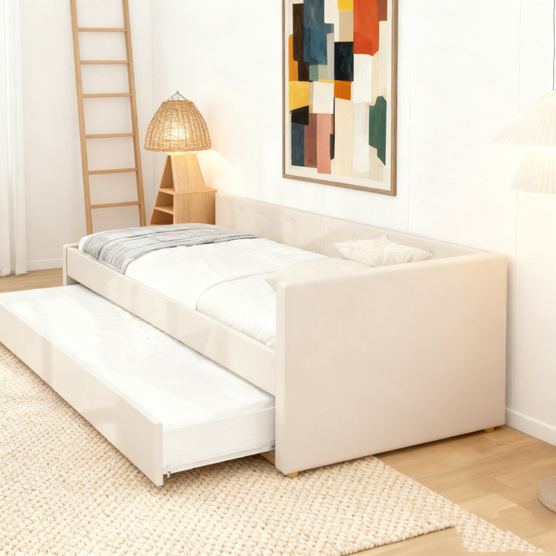 Lit plateforme tapissier avec port USB et lit gigogne simple, Lit double