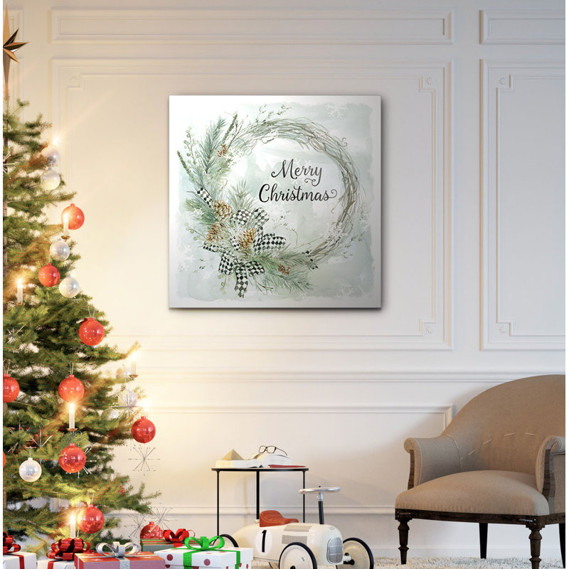 «Merry Christmas Pine Wreath», art textuel, H 16 po x l 16 po x P 1,5 po, Toile tendue