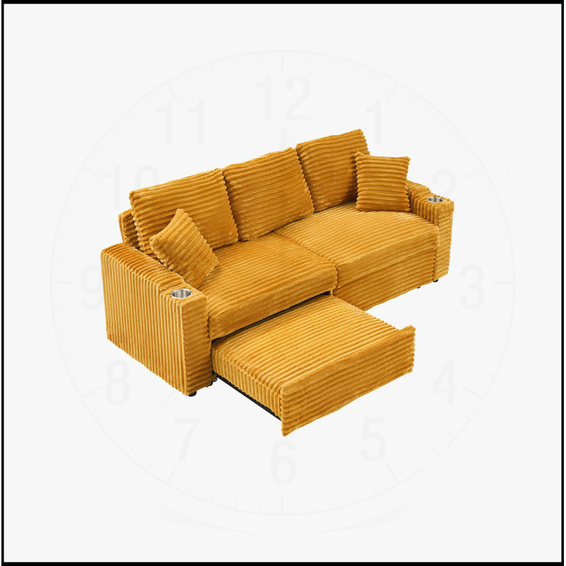 Canapé 80 pouces deux-en-un avec couchette inclinable pliable, tissu en velours côtelé, porte-gobelet et coussin pour le salon