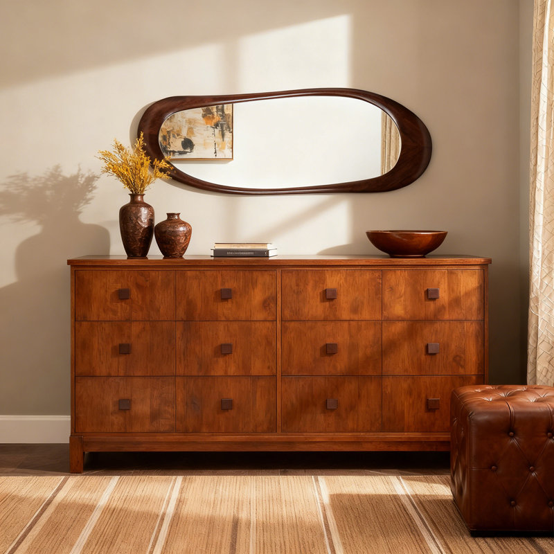 Asymmetrical Full-Length Wall Mirror with Wood Frame, Brown