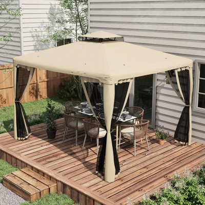 Patio Gazebo 9.6'X11.6' - Protection, 2 Roof, Steel Frame, Mesh Netting, Taupe For Backyard 9.6' X 11.6' Canopy, Outdoor Shelter With Roof And -, Garden, Lawn, Backyard, Deck, Taupe, Easy To Assemble